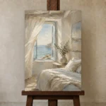 Ocean Window Coastal Bedroom Wall Art Canvas Print displayed on a studio easel