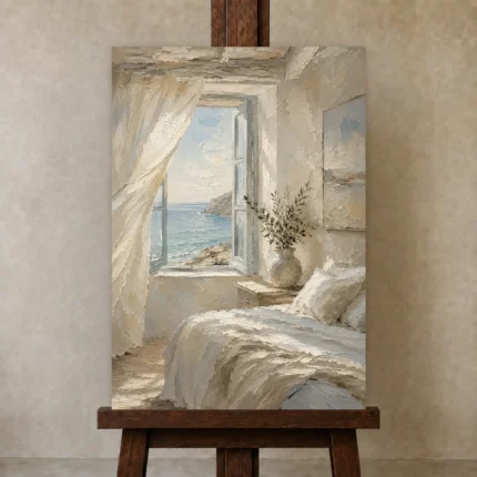 Ocean Window Coastal Bedroom Wall Art Canvas Print shown in Studio Easel