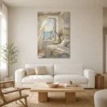 Ocean Window Coastal Bedroom Wall Art Canvas Print styled in a refined neutral interior