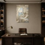 Ocean Window Coastal Bedroom Wall Art Canvas Print displayed in a contemporary gallery-inspired room