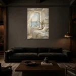 Ocean Window Coastal Bedroom Wall Art Canvas Print shown in a warm modern interior