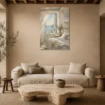 Ocean Window Coastal Bedroom Wall Art Canvas Print presented in a sophisticated home setting