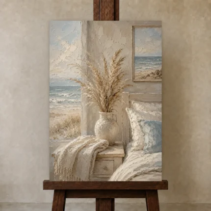 Pampas Vase Coastal Bedroom Wall Art Canvas Print shown in Studio Easel
