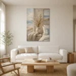 Pampas Vase Coastal Bedroom Wall Art Canvas Print styled in a refined neutral interior