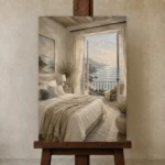 Seaside Balcony Coastal Bedroom Wall Art Canvas Print displayed on a studio easel