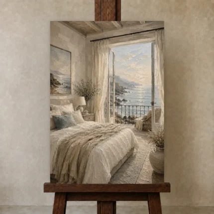 Seaside Balcony Coastal Bedroom Wall Art Canvas Print shown in Studio Easel