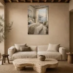 Seaside Balcony Coastal Bedroom Wall Art Canvas Print presented in a sophisticated home setting