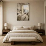 Seaside Balcony Coastal Bedroom Wall Art Canvas Print showcased in an elegant minimalist interior