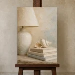 Seashell Lamp Coastal Bedroom Wall Art Canvas Print displayed on a studio easel