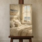 Sunlit Ocean Bedroom Coastal Bedroom Wall Art Canvas Print displayed on a studio easel