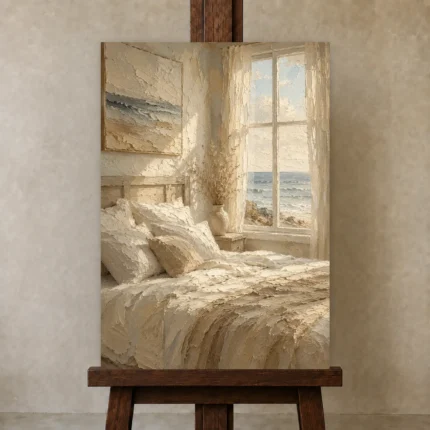 Sunlit Ocean Bedroom Coastal Bedroom Wall Art Canvas Print shown in Studio Easel