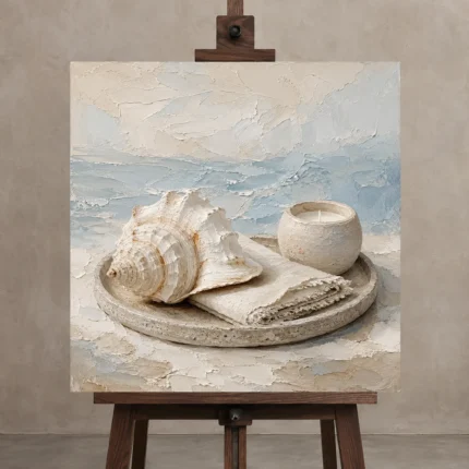 Seashell Candle Coastal Bedroom Wall Art Canvas Print displayed on a studio easel
