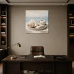 Seashell Candle Coastal Bedroom Wall Art Canvas Print displayed in a contemporary gallery-inspired room