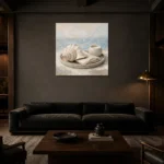 Seashell Candle Coastal Bedroom Wall Art Canvas Print shown in a warm modern interior