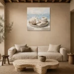 Seashell Candle Coastal Bedroom Wall Art Canvas Print presented in a sophisticated home setting