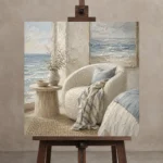 Ocean Reading Chair Coastal Bedroom Wall Art Canvas Print displayed on a studio easel