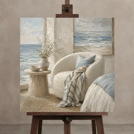 Ocean Reading Chair Coastal Bedroom Wall Art Canvas Print displayed on a studio easel
