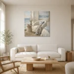 Ocean Reading Chair Coastal Bedroom Wall Art Canvas Print styled in a refined neutral interior