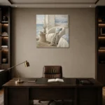 Ocean Reading Chair Coastal Bedroom Wall Art Canvas Print displayed in a contemporary gallery-inspired room
