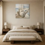 Ocean Reading Chair Coastal Bedroom Wall Art Canvas Print showcased in an elegant minimalist interior