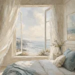 Open Window Ocean View Coastal Bedroom Wall Art Canvas Print