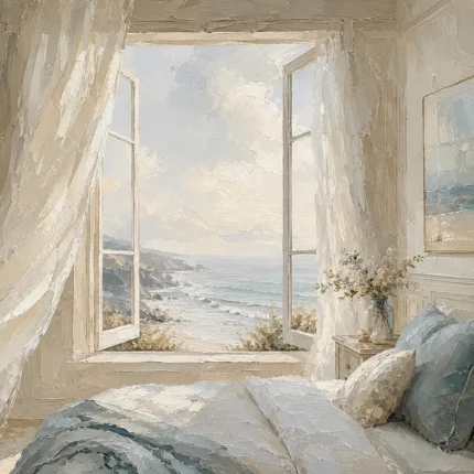 Open Window Ocean View Coastal Bedroom Wall Art Canvas Print