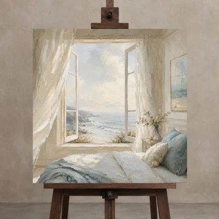 Open Window Ocean View Coastal Bedroom Wall Art Canvas Print displayed on a studio easel