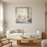 Open Window Ocean View Coastal Bedroom Wall Art Canvas Print styled in a refined neutral interior