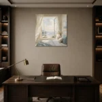 Open Window Ocean View Coastal Bedroom Wall Art Canvas Print displayed in a contemporary gallery-inspired room