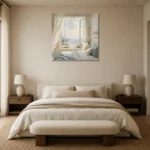 Open Window Ocean View Coastal Bedroom Wall Art Canvas Print showcased in an elegant minimalist interior
