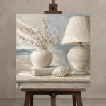 Seashell Table Lamp Coastal Bedroom Wall Art Canvas Print displayed on a studio easel