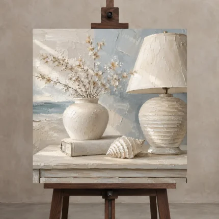Seashell Table Lamp Coastal Bedroom Wall Art Canvas Print displayed on a studio easel