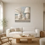 Seashell Table Lamp Coastal Bedroom Wall Art Canvas Print styled in a refined neutral interior