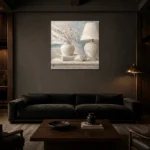 Seashell Table Lamp Coastal Bedroom Wall Art Canvas Print shown in a warm modern interior