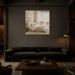 Dune View Coastal Bedroom Wall Art Canvas Print shown in a warm modern interior