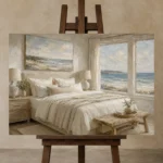 Oceanfront Suite Coastal Bedroom Wall Art Canvas Print displayed on a studio easel