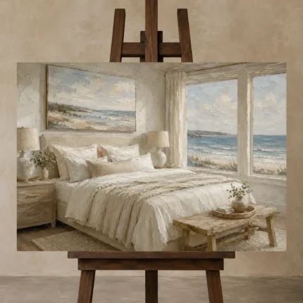 Oceanfront Suite Coastal Bedroom Wall Art Canvas Print displayed on a studio easel