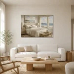Oceanfront Suite Coastal Bedroom Wall Art Canvas Print styled in a refined neutral interior