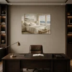 Oceanfront Suite Coastal Bedroom Wall Art Canvas Print displayed in a contemporary gallery-inspired room