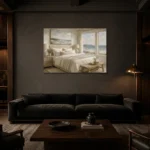 Oceanfront Suite Coastal Bedroom Wall Art Canvas Print shown in a warm modern interior