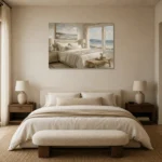 Oceanfront Suite Coastal Bedroom Wall Art Canvas Print showcased in an elegant minimalist interior