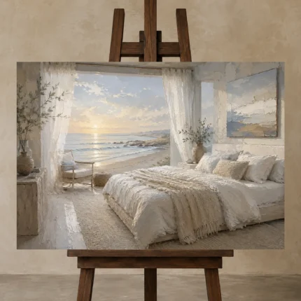 Sunrise Beachfront Coastal Bedroom Wall Art Canvas Print displayed on a studio easel