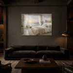 Sunrise Beachfront Coastal Bedroom Wall Art Canvas Print shown in a warm modern interior