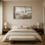 Sunrise Beachfront Coastal Bedroom Wall Art Canvas Print showcased in an elegant minimalist interior