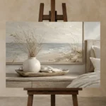 Ceramic Vase Seascape Coastal Bedroom Wall Art Canvas Print displayed on a studio easel