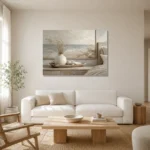 Ceramic Vase Seascape Coastal Bedroom Wall Art Canvas Print styled in a refined neutral interior