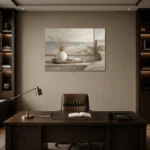 Ceramic Vase Seascape Coastal Bedroom Wall Art Canvas Print displayed in a contemporary gallery-inspired room