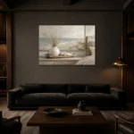 Ceramic Vase Seascape Coastal Bedroom Wall Art Canvas Print shown in a warm modern interior
