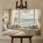 Ocean Window Seat Coastal Bedroom Wall Art Canvas Print displayed on a studio easel