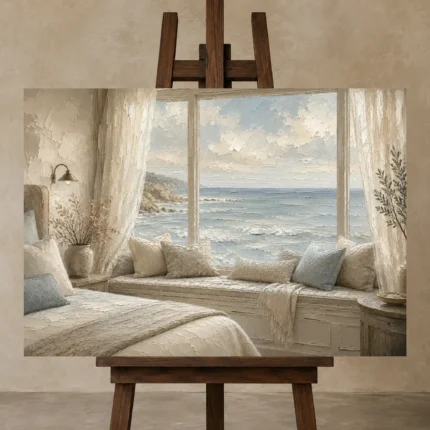 Ocean Window Seat Coastal Bedroom Wall Art Canvas Print displayed on a studio easel